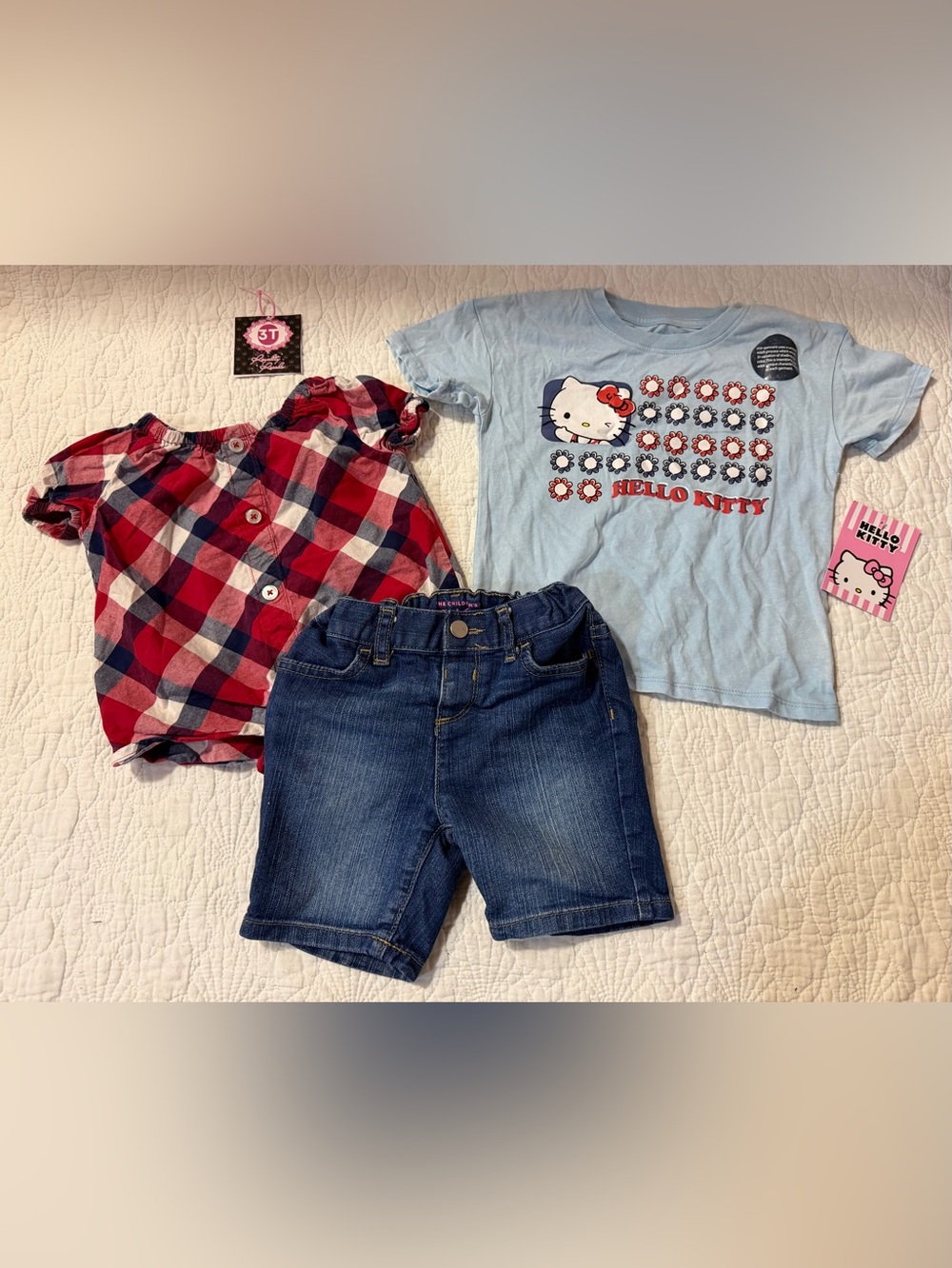 Hello Kitty Light Blue Tee and Red Plaid Top with Denim Shorts